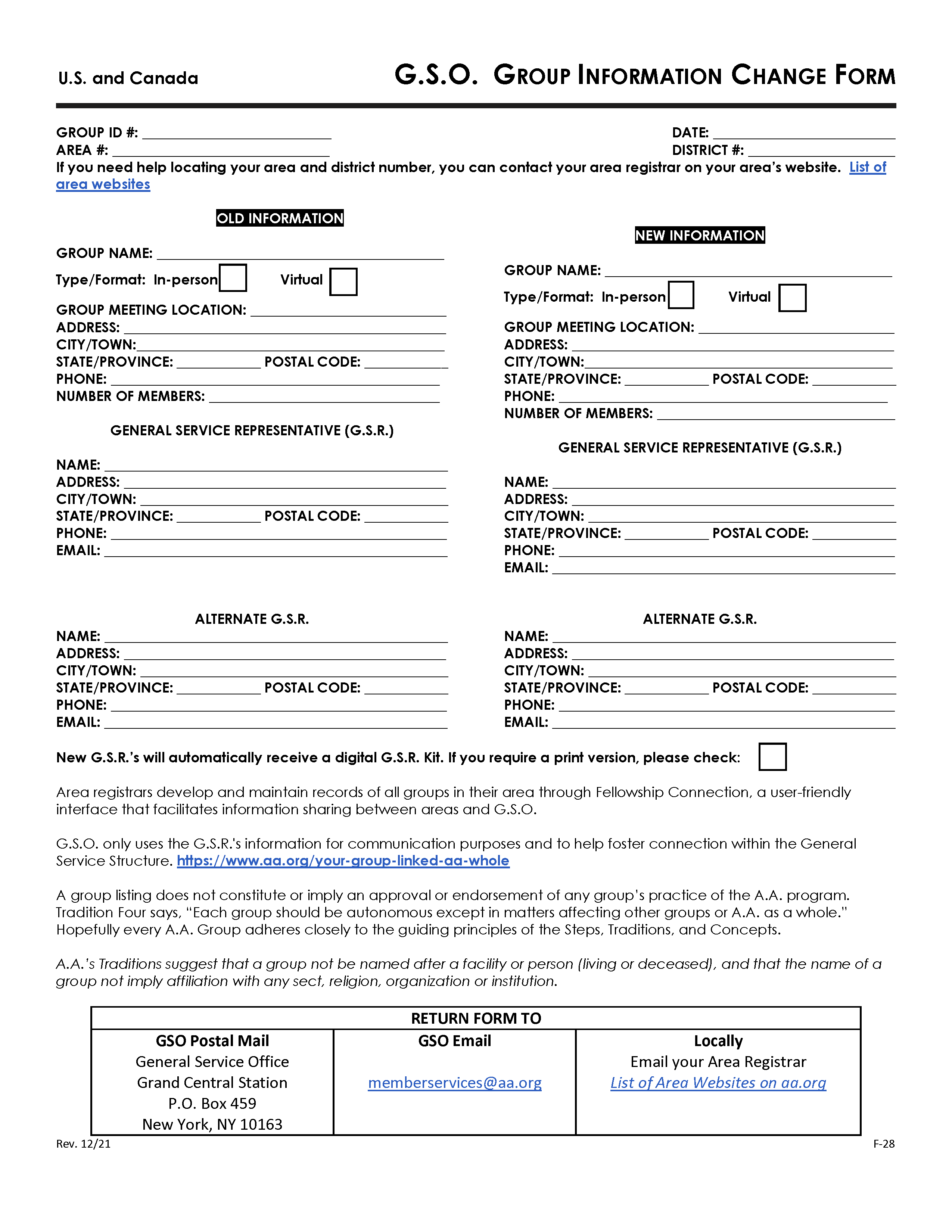 A.A. Group Information Change Form F-28
